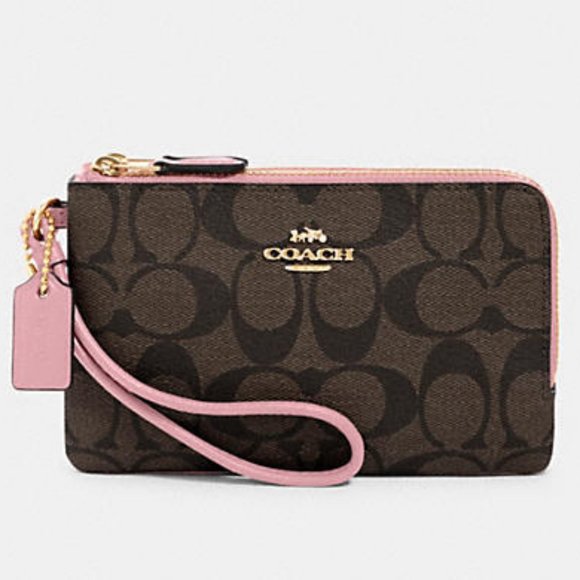 Coach Handbags - 🎉HP🎉Coach Double Corner Zip Wristlet In Baby Pink and  Signature Canvas NWT